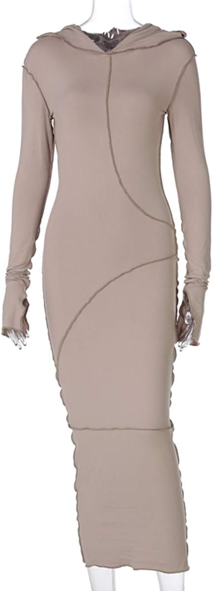LuFeng Women's Sexy Long Sleeve Bodycon Solid Hoodie Patchwork High Waist Long Dress - Image 5