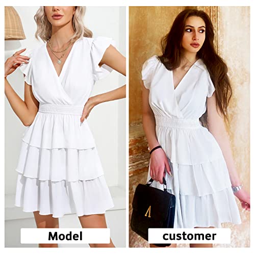 Byinns Women's 2023 Summer V Neck Casual Mini Dress Short Ruffle Sleeve Layered Smocked Waist Flowy Wedding Guest Short Dress White #TOP1