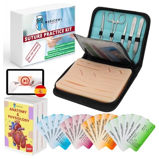 Kit de sutura quirúrgica para practicar | video de aprendizaje en español | 33 piezas en un estuche compartimentado | piel artificial | Regalo ideal para estudiantes de medicina y veterinarios (Azul)