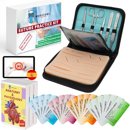 Kit de sutura quirúrgica para practicar | video de aprendizaje en español | 33 piezas en un estuche compartimentado | piel artificial | Regalo ideal para estudiantes de medicina y veterinarios (Azul)