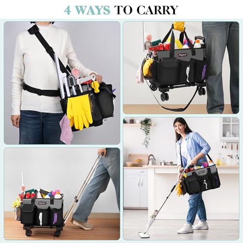 Image of Chyaidach Rolling Cleaning Caddy, Cleaning Supplies Organizer with Trolley, Wearable Cleaning Tote Bag on Wheels with Hard Bottom, Cleaning Carts for Housekeepers /Home /Car /Office /Picnic (Grey)