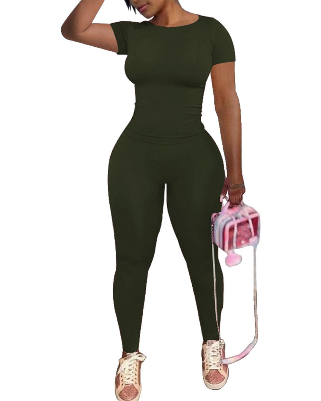 PINSV 2 Piece Sets for Women Summer Workout Sets Short Sleeve Top Jogger Legging Pants Track Suits