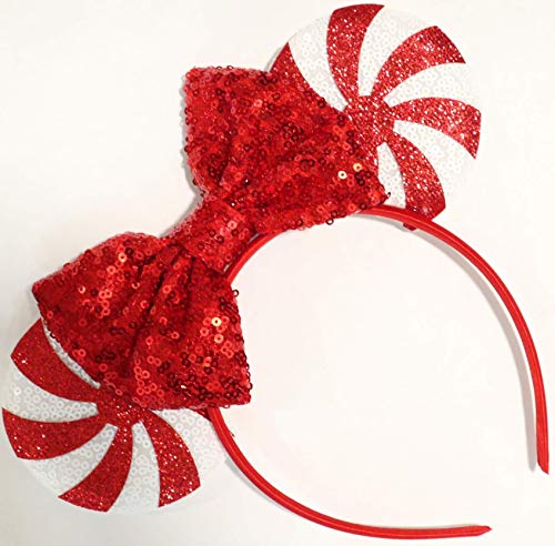 Image of CLGIFT Red Peppermint Minnie Ears,Pick your color, Iridescent Minnie Ears, Silver gold blue minnie ears, Rainbow Sparkle Mouse Ears,Classic Red Sequin Minnie Ears (Red Peppermint)