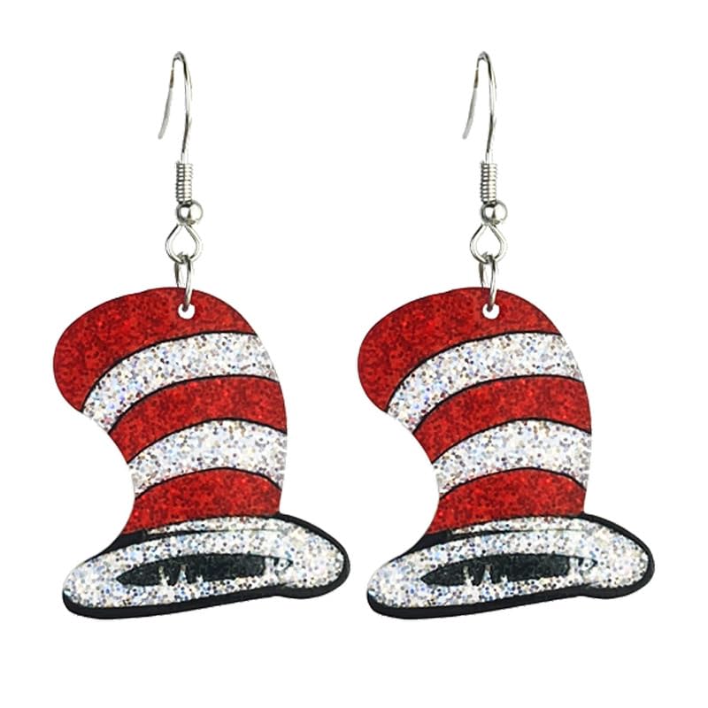 Funny Acrylic Dr. Seuss Day Drop Dangle Earrings Shiny Cat Dog Book Earrings Graduation Back to School Gift for Teacher Librarian(Red Hat)