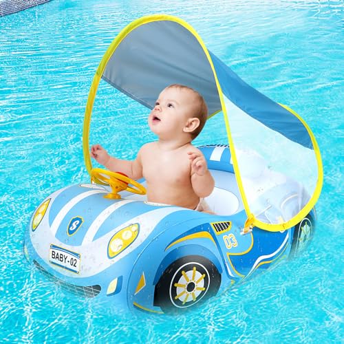 YUNGUN Flotador Bebe con Sombrilla, Flotador Bebe para 3-36 Meses con Volante, Flotador Inflable Natación Bebés con Asiento Seguridad, UPF50+