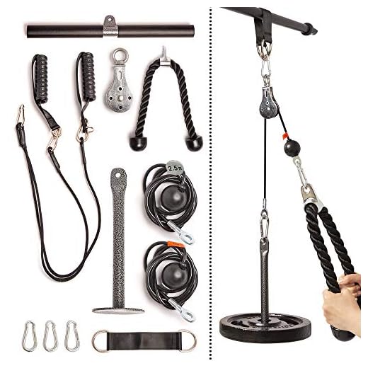 Fitty Max Fitness Cable Pulley System Gym. at Home Cable Machine Exercise Pulley Wheel with (3X) Rope, Bar, and Chest Handles Attachments for LAT Pull Down, Cable Crossover, Tricep, Biceps and More!