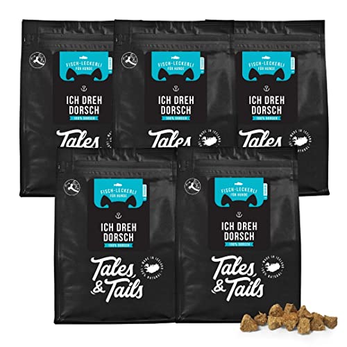 Tales & Tails - Hunde Leckerlis aus 100% isländischem Dorsch | Natürlich, Zuckerfrei, Getreidefrei, reich an Omega 3 | Kausnack Icebarks „Ich dreh Dorsch | 5 x 70g Tüten Hundesnack
