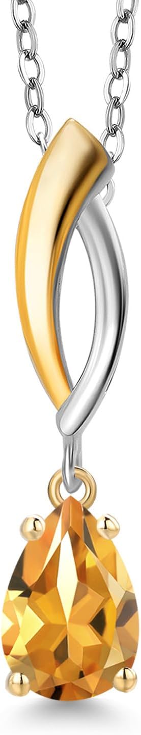 Gem Stone King 925 Silver and 10K Yellow Gold Yellow Citrine Pendant Necklace for Women | 0.73 Cttw | Gemstone November Birthstone | Pear Shape 8X5MM | With 18 Inch Silver Chain