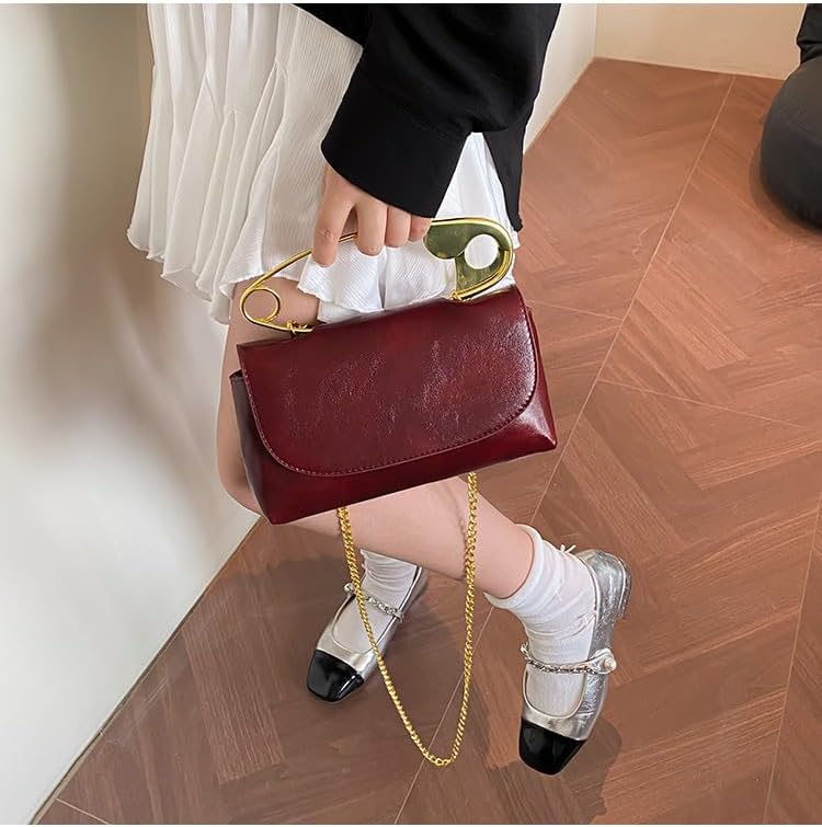 Women's Unique Safety Pin Crossbody Purse Leather Clutch Bag With Gold Handles Chain - Image 5