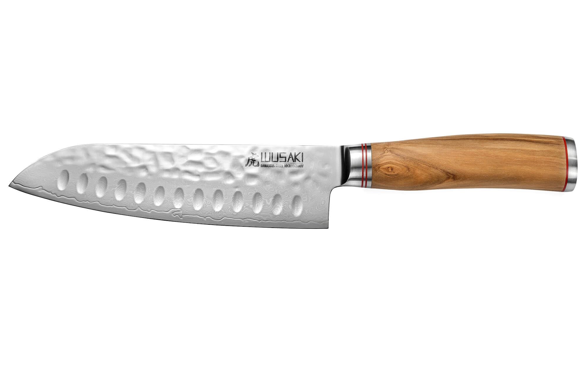Wusaki - Couteau Santoku Lame Damas 17cm acier inoxydable 10Cr Manche Olivier avec coffret cadeau