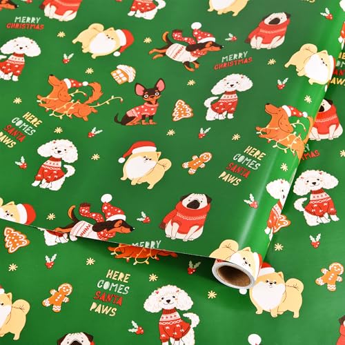 Sikiweiter Cute Christmas Dog Wrapping Paper - 17 x 16.5 Feet Roll - Holiday Gift Wrap with Festive Pups Green Background Pet Lover Gift Paper