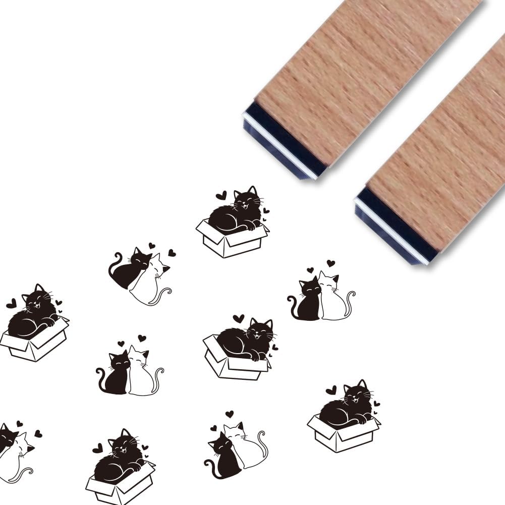 ANATTASOUL 2PCS Wooden Rubber Stamps Cat Ink Stamps for Crafting, 2.36"*0.59" Cute Small Wood Stamps Set for DIY Scrapbooking Supplies,Card Making, Letter, Album, Journaling Decoration