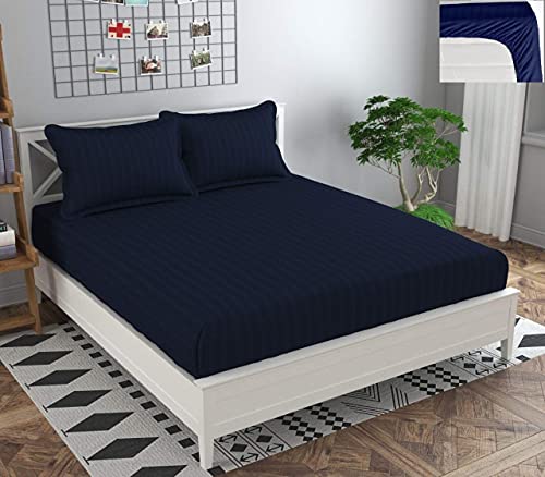 Image of KAWI Satin Cotton 220 TC Striped Elastic Fitted Bedsheet Queen Size (78X72XUp To 6 Inches Mattress)-Blue Color
