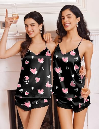 Image of Ekouaer Satin Pajamas Women Lace Sleepwear Lingerie Cami Shorts Set Nightwear XS-XXL