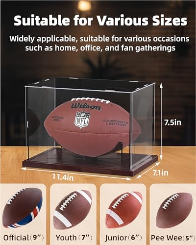 Image of Fitense Football Display Case Acrylic Clear, Football Stand Holder Full Size with Solid Wood Base, UV Protected Football Display Box with Removable for Football Fans & Collectors, Memorabilia & Gift