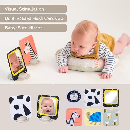 Image of Taf Toys Tummy Time Set with Ergonomic Toy, Double-Sided High Contrast Black & White Flash Cards & Mirror Card, Developmental Baby Play Mat Accessories & Card Stands for Newborn Infant Tummy Time