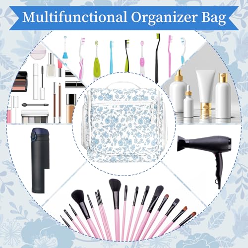 Eccliy Travel Toiletry Bag for Women Blue Floral Makeup Bag with Hook, Quilted Toiletry Organizer with 19 Compartments for Cosmetics Bathroom Shower Travel Accessories Essentials4