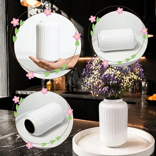 Image of Art Street Modern Ribbed Ceramic Flower Vase | Pearl White Decorative Boho Vase for Living Room, Bedroom & Office Dcor - (Flower not Included), 7x4 Inch