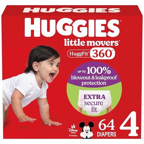 Image of Huggies Size 4 Baby Diapers, Little Movers HuggFit 360° Baby Diapers with 360° Waistband, Size 4 (22-37 lbs), 64 Count, Packaging May Vary