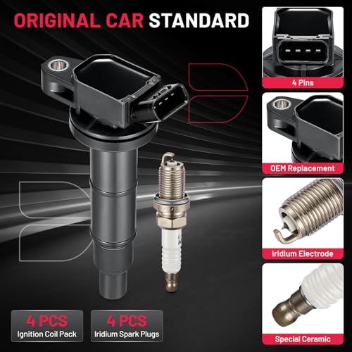 Image of BDFHYK Ignition Coil Pack UF333 and Iridium Spark Plug 7092 Compatible with Toyota Camry 2002 2003 2004 2005 Toyota RAV4 2001-2008 Toyota Corolla Scion tC xB Lexus Toyota Coil Pack 2.4L l4 Set of 4