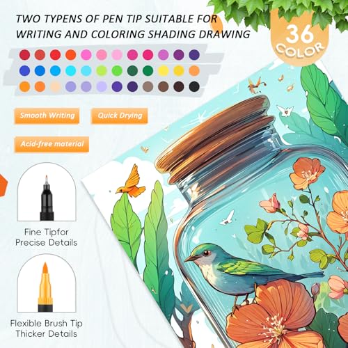 Image of 3Pcs Adult Coloring Book for Women Relaxation, Spiral Bound Adult Coloring Books for Women with 36 Markers, 36 Dual Tip Colors Markers, Mindfulness Gifts - 72 Patterns