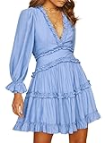 Dokotoo Womens Cute Summer Sexy Deep V Neck Ruffle Chiffon Lantern Long Sleeve Elegant Boho Bohemian Hawaiian Flowy Mini Short Skirt Dresses for Women Party Casual Summer 2024 Sky Blue Large