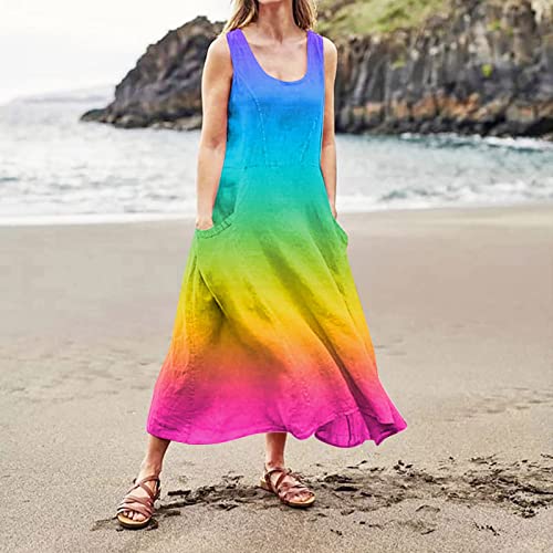 Plus Size Cotton Linen Summer Dresses for Curvy Women 2025 Sleeveless Maxi Vacation Beach Sundresses with Pockets