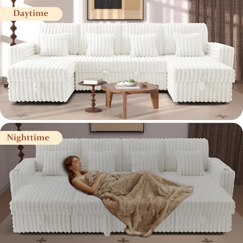 Image of 124'' Sectional Sleeper Sofa with Pull Out Bed, Storage Chaise, Adjustable Backrest, USB Charger, Cup Holder & Side Pocket, Fluffy Soft Corduroy U Shaped Couch for Living Room, Beige