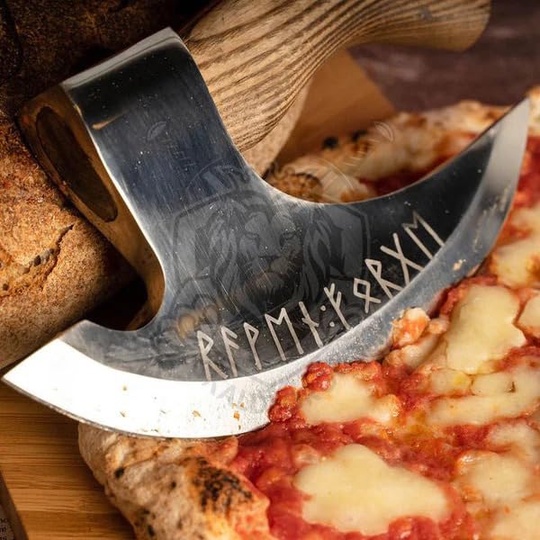 Viking Pizza Cutter Axe with Leather Sheath, Carbon Steel Pizza Slicer Axe Blade with Wood Handle, Viking Style Pizza Cutter Design, Best for Him and Her