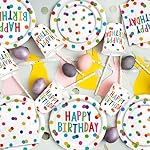 Happy Birthday Decorations: Happy Birthday Party Supplies Set with Birthday Dots Design- Includes Disposable Paper Birthday Plates and Napkins, Cups, Tablecloth, and Banner for decorations, Serves 25. - Image 3
