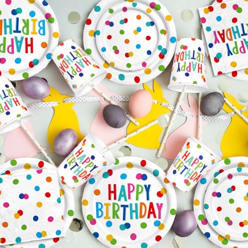 Happy Birthday Decorations: Happy Birthday Party Supplies Set with Birthday Dots Design- Includes Disposable Paper Birthday Plates and Napkins, Cups, Tablecloth, and Banner for Boys/Girls, Serves 25. - Image 4