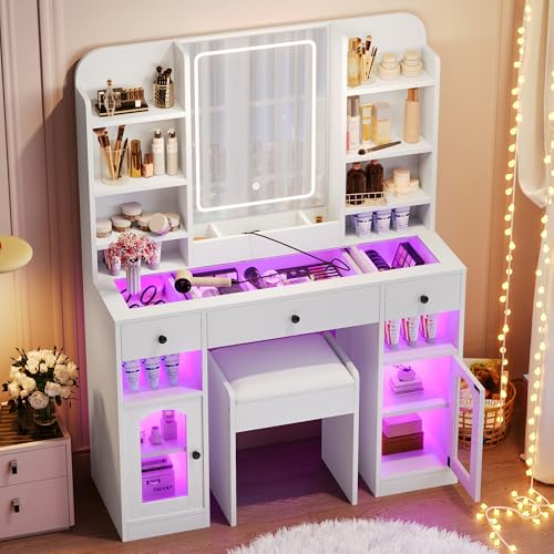 Image of JIVOIT 43.2 inch Vanity Desk with Mirror, Dressing Table with 3 Drawers, Storage Shelves and Stool, 2 Glass Cabinets, Modern Glass Top Vanity with for Bedroom (White,032)