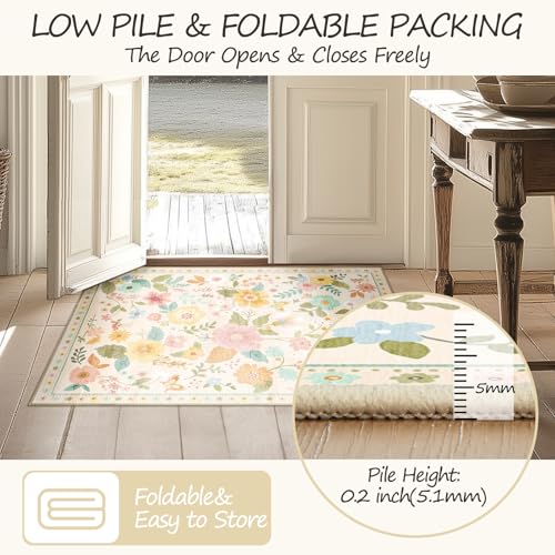 Floral 6ft Area Rug Machine Washable Soft Print Boho Carpet Non Slip Doormat Low Pile Flower Area Rugs for Living Room Bedroom Nursery Kitchen Dining Room Indoor-Beige/White/Orange