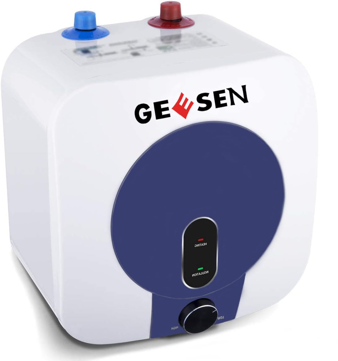 GEESEN 2.5 Gallon Mini Hot Water Heater 1.5KW, Small Under Sink Counter RV TR Endless Trailer Kitchen Compact Point-of-Use, 16� Long 1/2�FIP Stainless Steel Water Hoses 9L