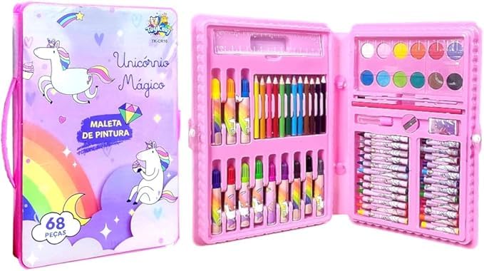 Maleta para Colorir de Unicórnio Princesas Estojo com Desenhos Lápis Canetinha Giz 68 peças Kit Escolar Infantil