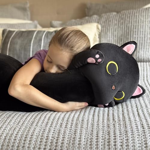Image of MaoGoLan 44'' Black Cat Plush Body Pillow, Giant Stuffed Cat Pillow for Kid Adult, Soft Kawaii Kitten Stuffed Animal Hugging Pillow, Large Kitty Plush Gift for Girl Boy, Birthday Baby Shower Decor