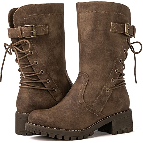Image of GLOBALWIN Women's Biker Boots Lace up Back Mid Calf Motorcycle Fashion Festival Boots Combat Riding Military Boots for Women