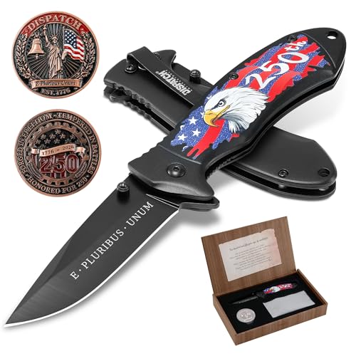 Dispatch 250th Anniversary Folding Pocket Knife Gift Set with Commemorative Coin and Stainless Steel Liner Lock in Premium Box (Black)