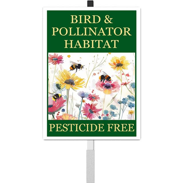 vfsxcmi Bird and Pollinator Habitat Pesticide Free Yard Sign With Stakes 8X12 inches Rustproof Reflective Aluminum Pollinator Friendly Garden Sign Stand Bee Outdoor Decor