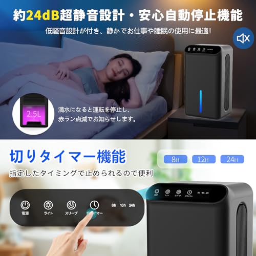 Dawncom 除湿機 大容量 強力除湿 除湿器 部屋干し 湿気取り 【除湿量1L/日 15畳】衣類乾燥 2.5L大容量 マイナスイオン機能付き 切タイマー機能 任せモード 満水自動OFF 小型 除湿機 湿気/梅雨対策 ・結露/カビ防止 コンパクト 7色ライト 静音 省エネ 人気 脱衣所 トイレなどに適用 日本語取扱説明書付 PSE認証済 の商品画像 4