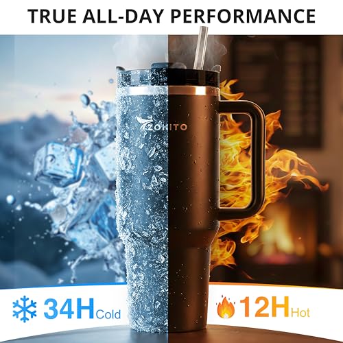 Image of 40 oz Tumbler with Handle and Straw, Vacuum Insulated Stainless Steel Travel Mug, Leakproof Large Cup Keeps Drinks Cold for Hours, Fits Car Cup Holder, Black