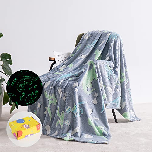 Qsteheml Glow In The Dark Throw Blanket, Luminous Blanket Birthday Gift For Boys Girls Kids Toddlers, Cozy Soft Fluffy Fuzzy Flannel Fleece Blanket For Couch Sofa Bed, 50" X 60", Dinosaur #TOP4