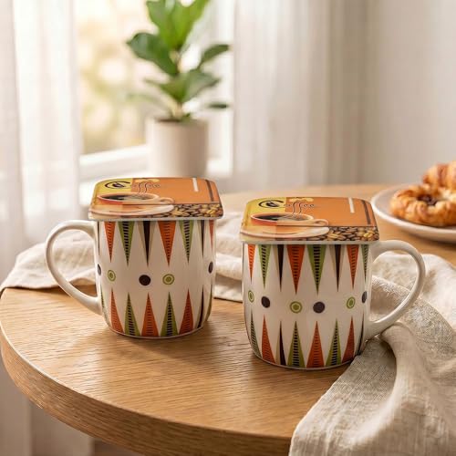 Image of U.P.C. Premium Bone China Ceramic Coffee Mug Set of 6 with 6 Coasters | Designer Tea & Coffee Cups |Printed Ceramic Mug Set | Tea Cups for Home,Office.