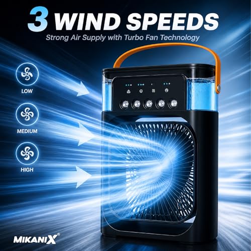 Image of MIKANIX Arctic Air Cooler Portable AC Fan | Mini Desk Cooler with 3 Wind Speeds, 3 Spray Modes & 7 Color Night Light for Home and Travel (Black)