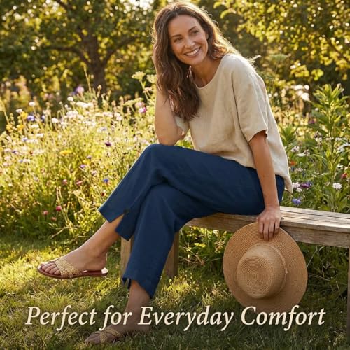 Image of Linen Pants Women 2026 Summer Beach Vacation Trousers Elastic Waist Linen Capris Pants Boho Casual Travel Pant