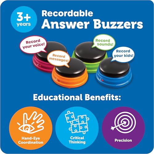 Learning Resources Buzzer mit Aufnahmefunktion (4 Stück) Antwort Buzzer mit Sound, reaktionstraining, Buzzer mit aufnahmefunktion, Buzzer für Spieleabende im Klassenzimmer und in der Familie, 3+