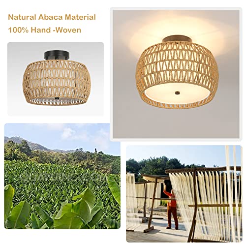 3-Light Semi Flush Mount Ceiling Light, Woven Rattan Light Fixtures Ceiling Mount, Handmade Boho Rattan Ceiling Light With Fabric Shade, Farmhouse Lights Fixtures For Bedroom Kitchen Foyer Hallway #TOP1