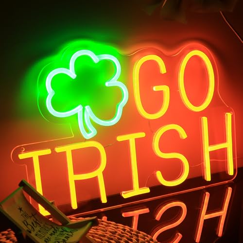 Acrossoce GO IRISH Neon Sign Shamrock LED Light for Wall Decor Dimmable USB Powered Neon Sign for St. Patricks Day Bedroom Bar Man Cave Irish Pride Decor Gift for Irish Fans & Alumni