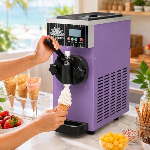 HCAUYNN Máquina para Hacer Helado Comercial, Máquina de Helado Monosabor con Pantalla LCD, Limpieza Automática, Ideal para Negocios de Postres Purple-220V