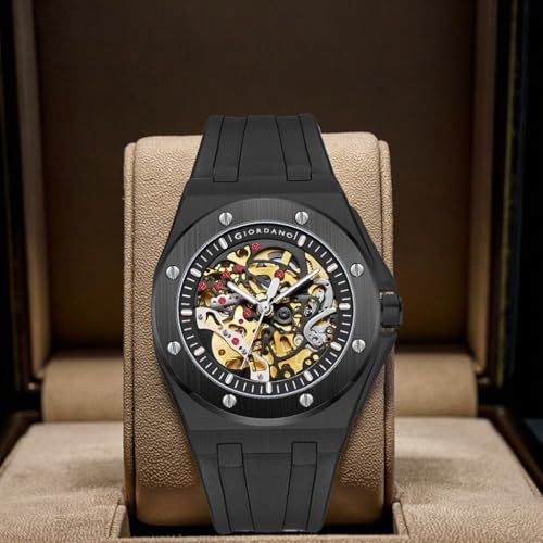 Image of Giordano Automatic Watch for Men - Mechanical Skeleton Dial,Transparent Gear Display, Silicon Strap